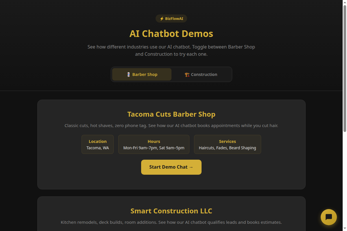 BizFlowAI chatbot demo — barber shop and construction industry examples
